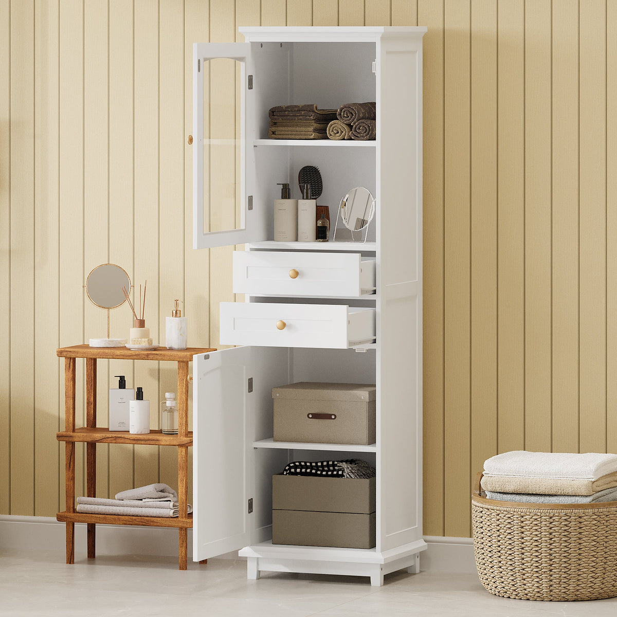 Tall Bathroom Storage Cabinet, Glass Door & Drawers