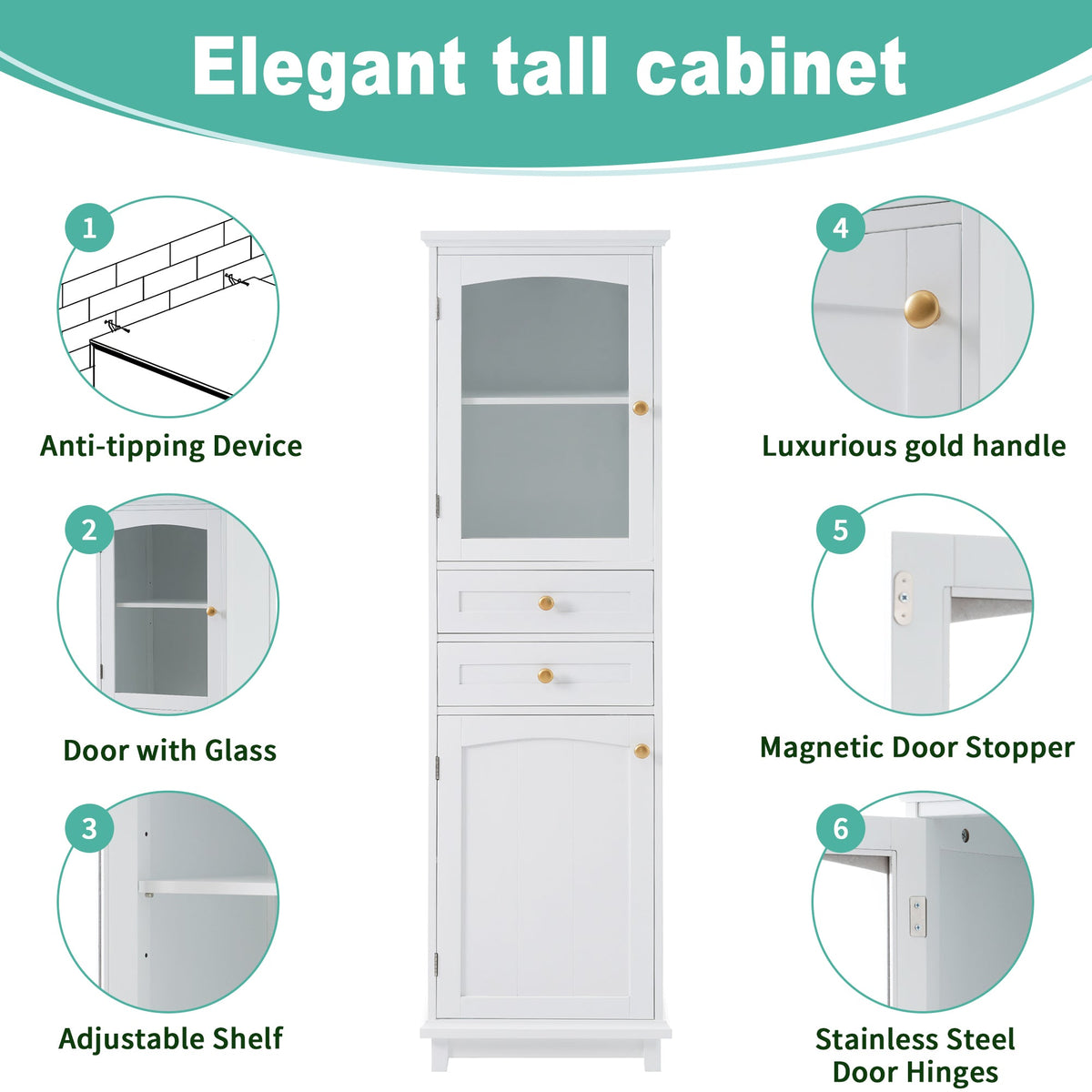 Tall Bathroom Storage Cabinet, Glass Door & Drawers