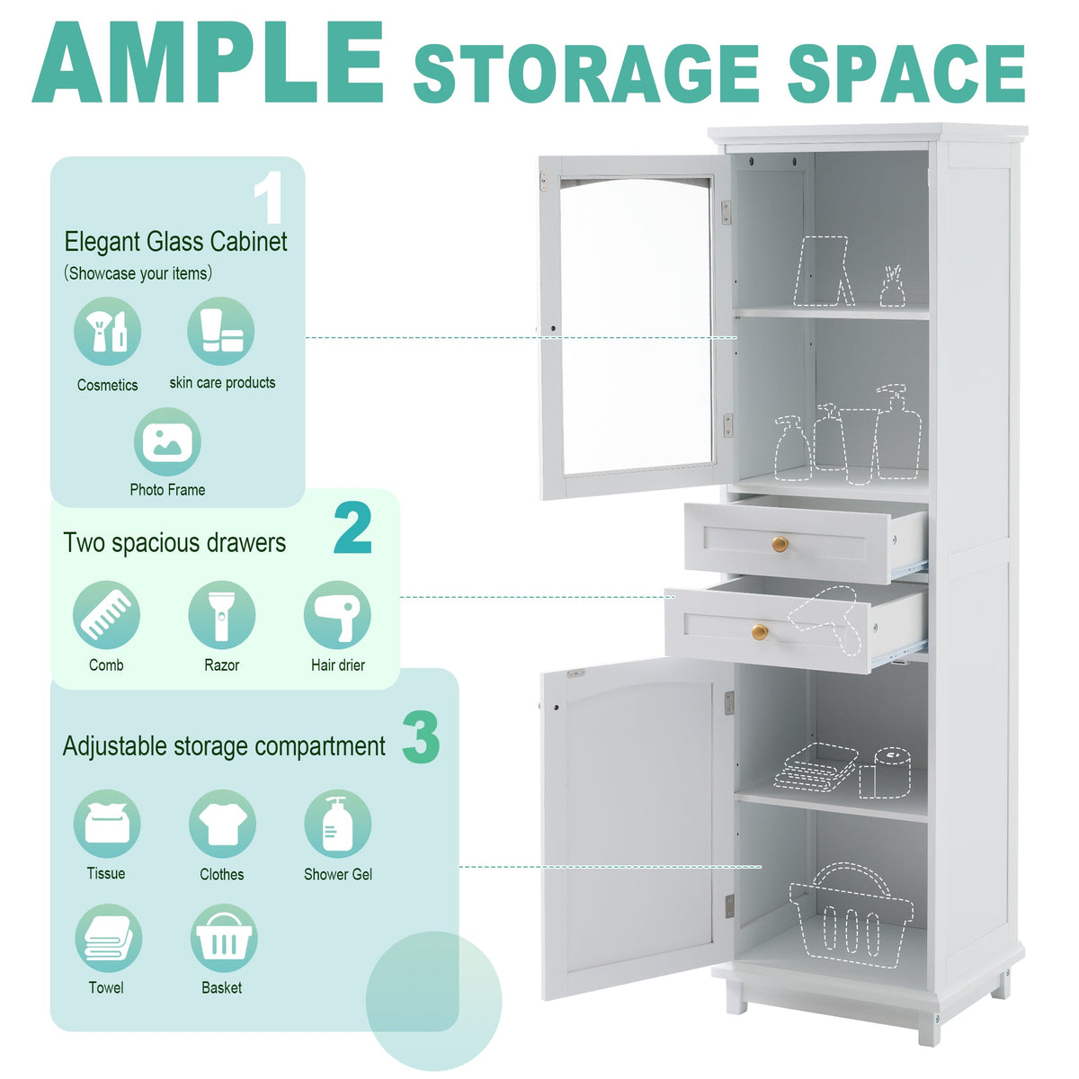 Tall Bathroom Storage Cabinet, Glass Door & Drawers