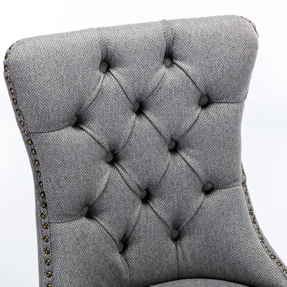 Tufted Grey Linen Dining Chair with Brass Nailhead Trim
