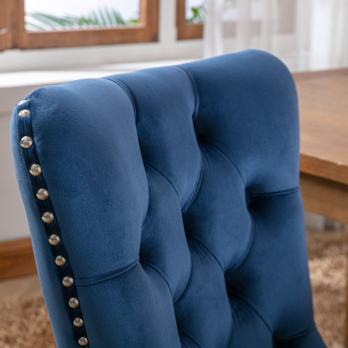 Navy Tufted Velvet Dining Chair with Solid Wood Legs