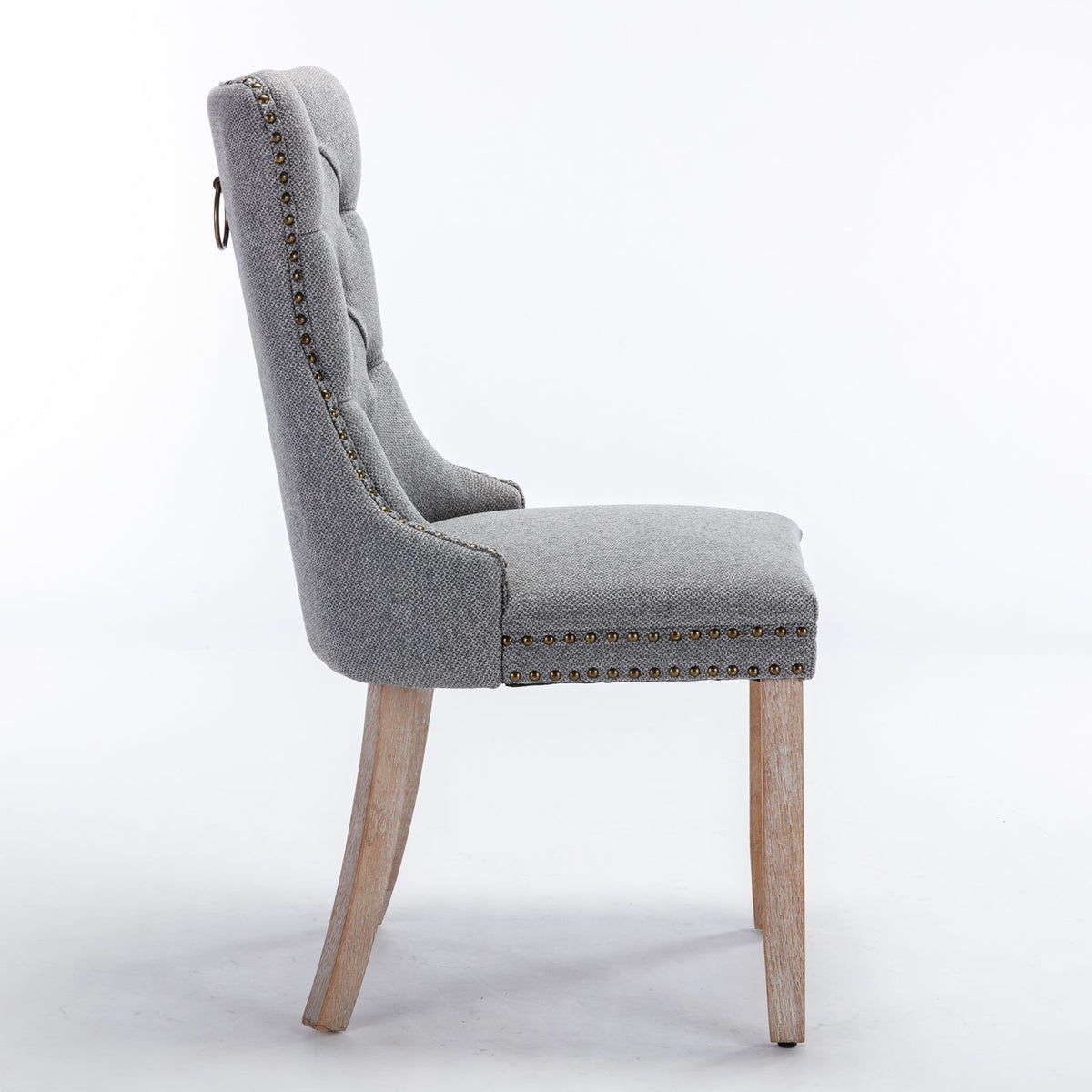Tufted Grey Linen Dining Chair with Brass Nailhead Trim