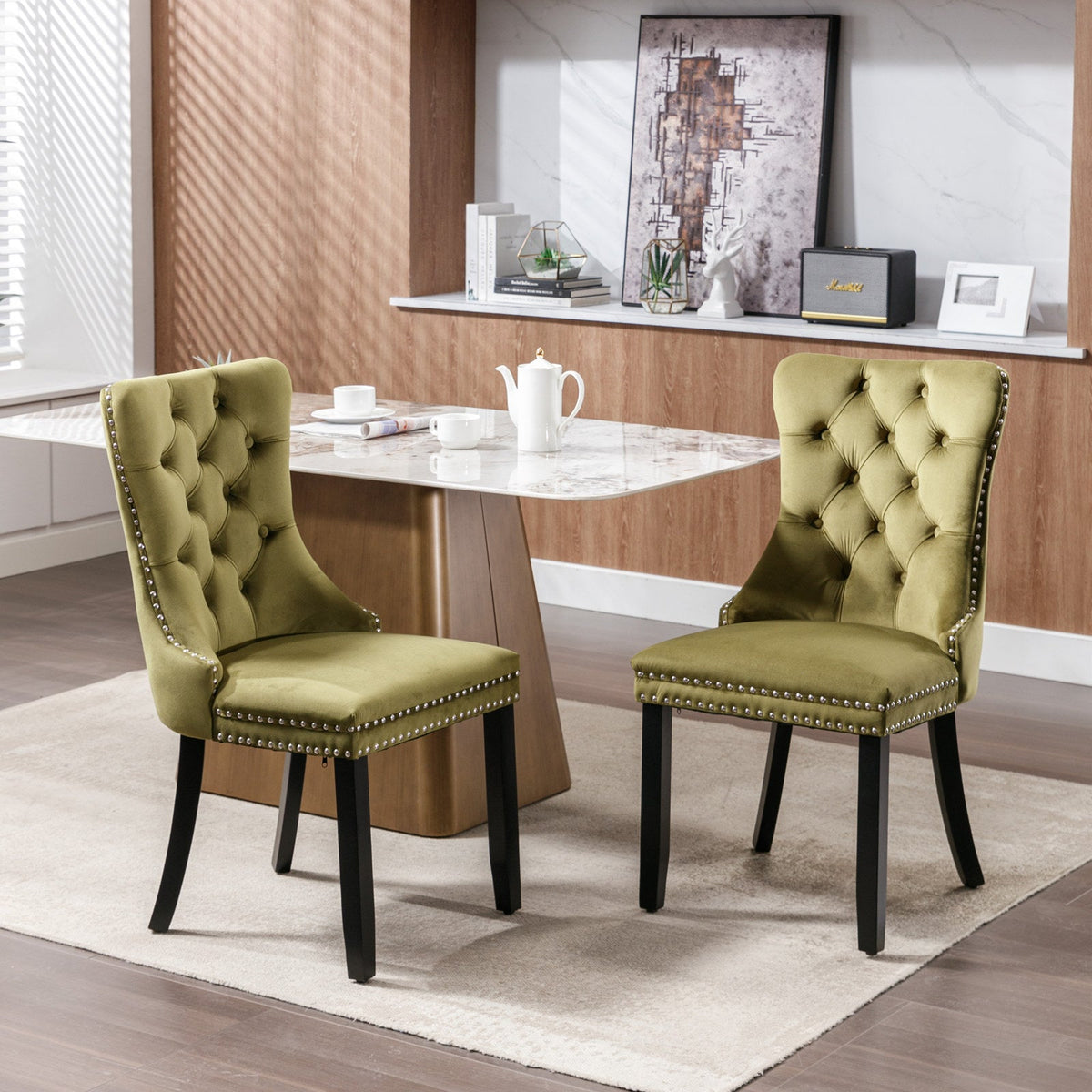 Tufted Olive Velvet Dining Chair with Nailhead Trim