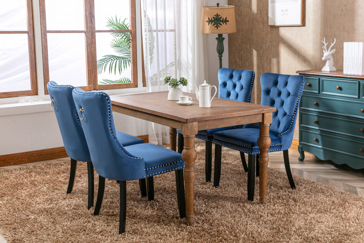 Navy Tufted Velvet Dining Chair with Solid Wood Legs