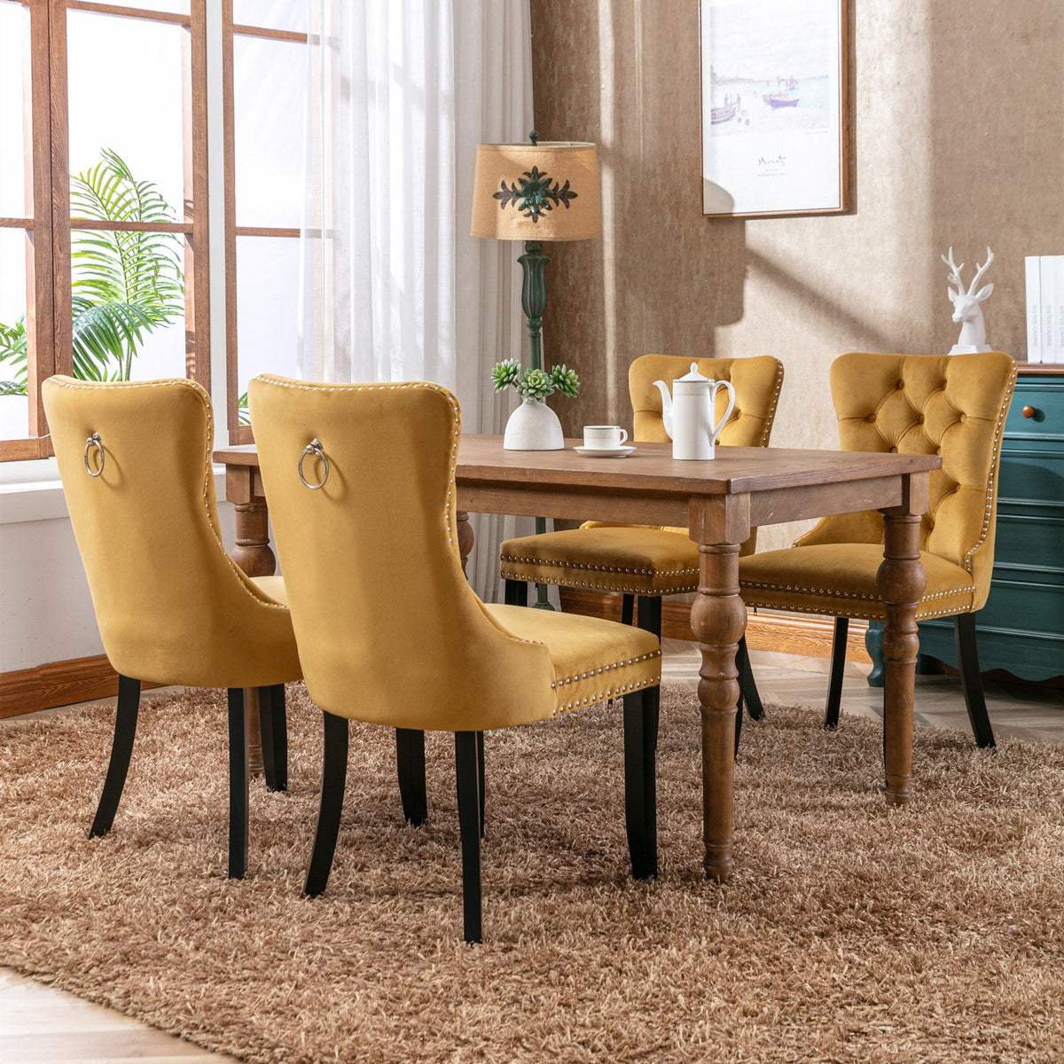 Tufted Velvet Dining Chair with Nailhead Trim, Gold