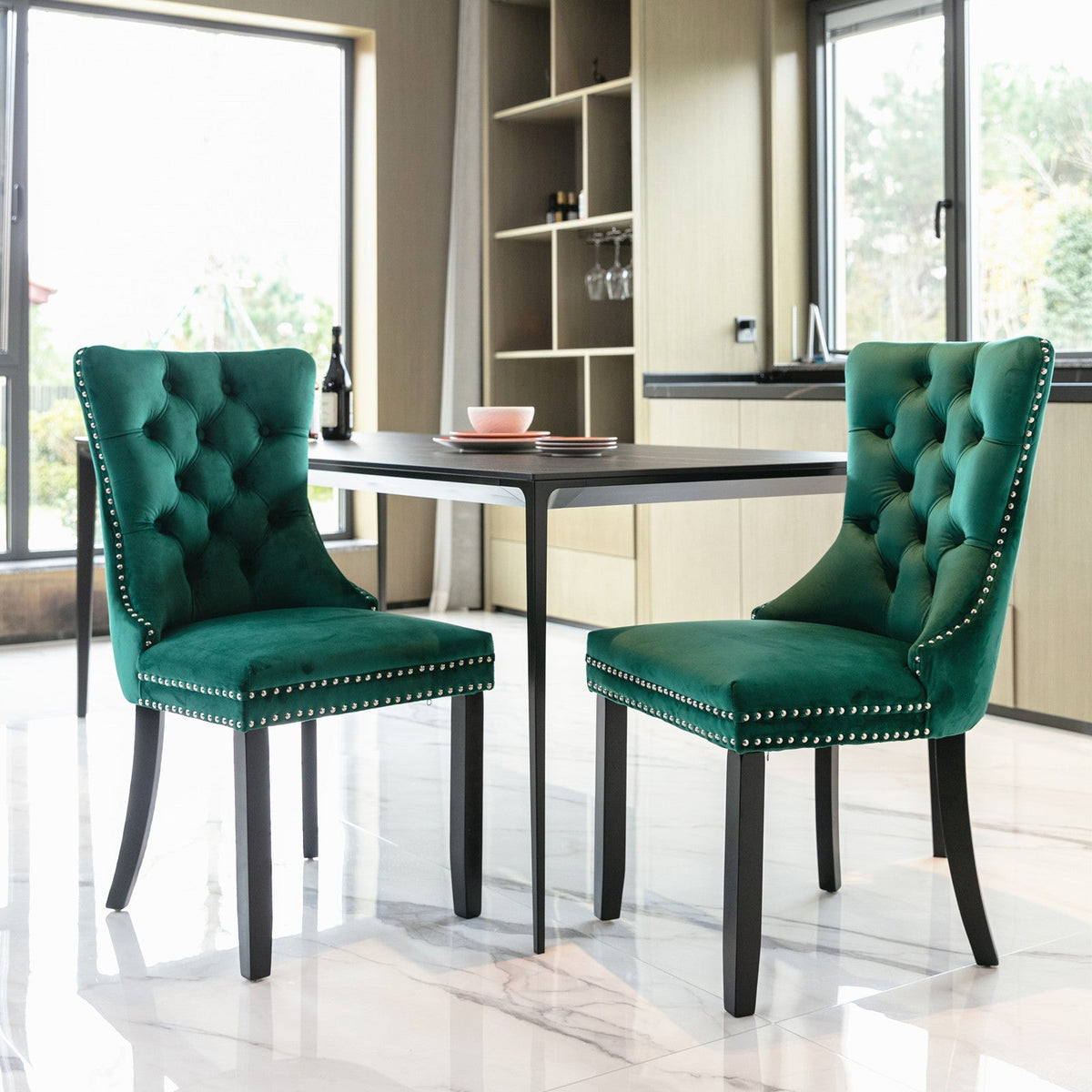 Emerald Green Velvet Dining Chairs with Diamond Tufting