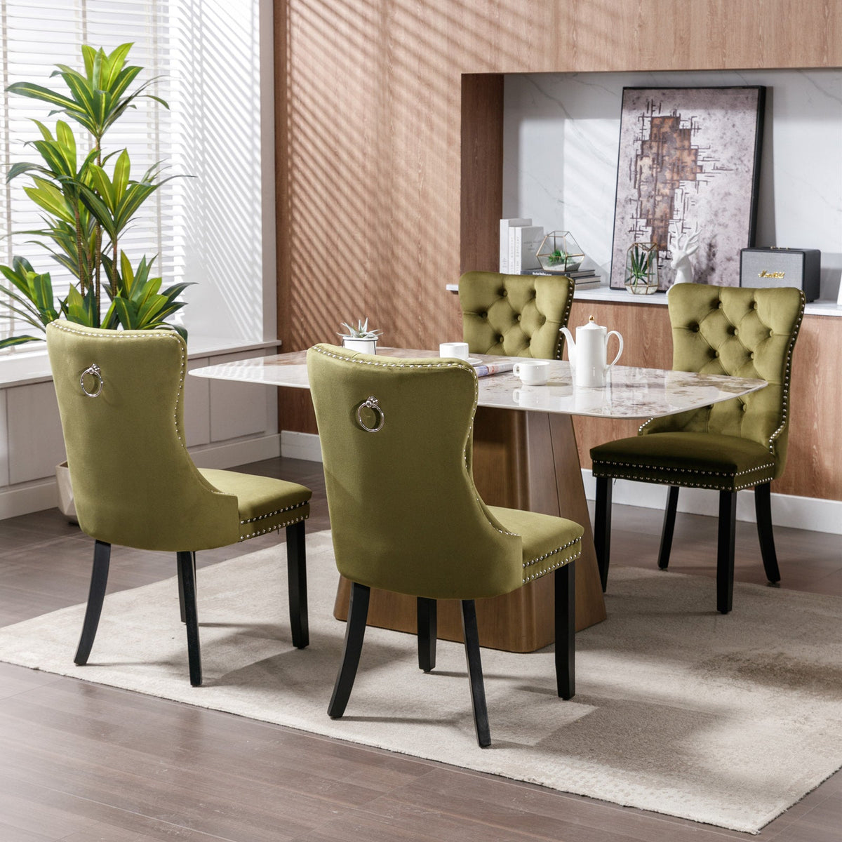 Tufted Olive Velvet Dining Chair with Nailhead Trim