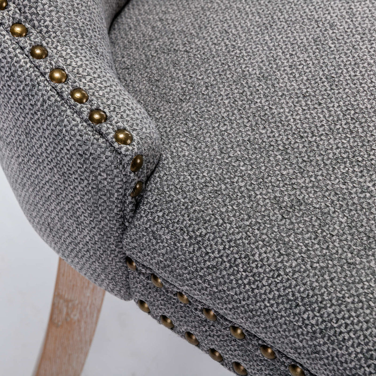 Tufted Grey Linen Dining Chair with Brass Nailhead Trim