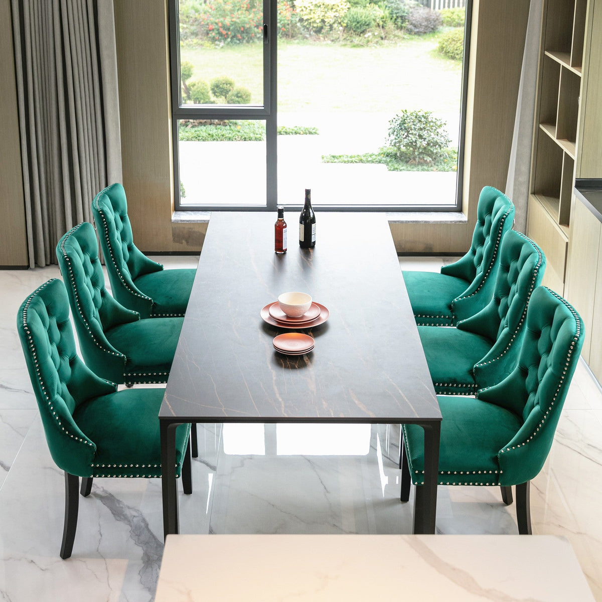 Emerald Green Velvet Dining Chairs with Diamond Tufting