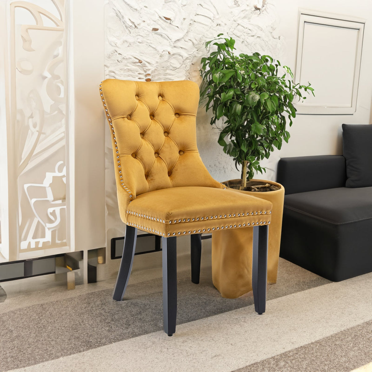 Tufted Velvet Dining Chair with Nailhead Trim, Gold