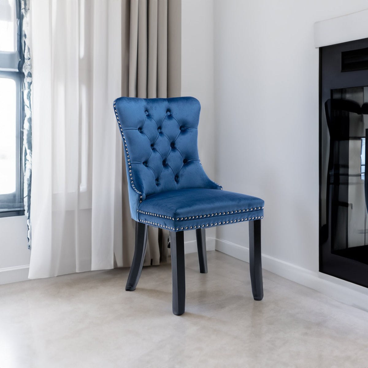 Navy Tufted Velvet Dining Chair with Solid Wood Legs
