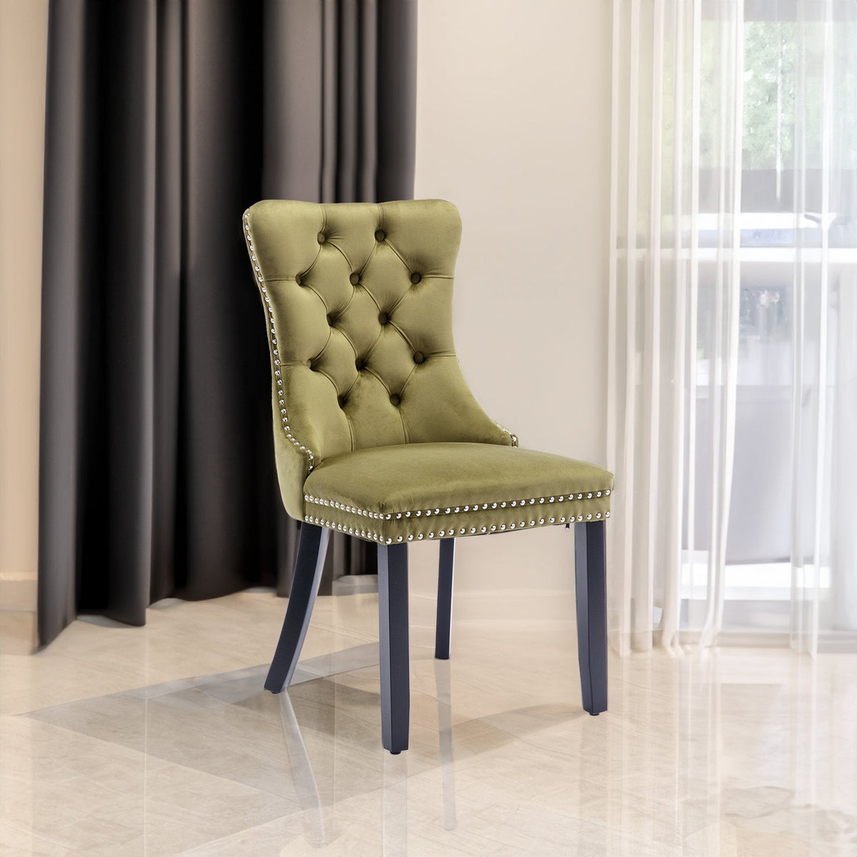 Tufted Olive Velvet Dining Chair with Nailhead Trim