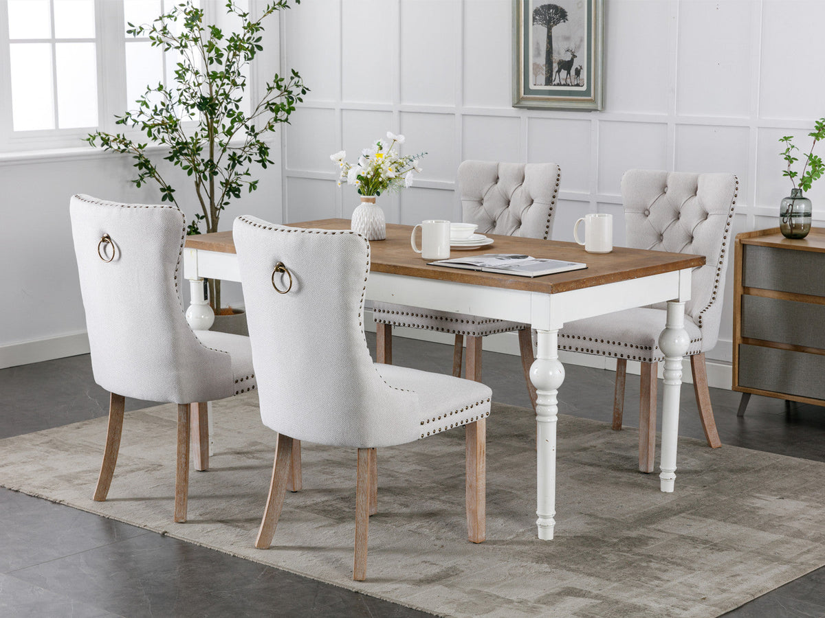 Tufted Flax Upholstered Dining Chair Set with Wood Legs