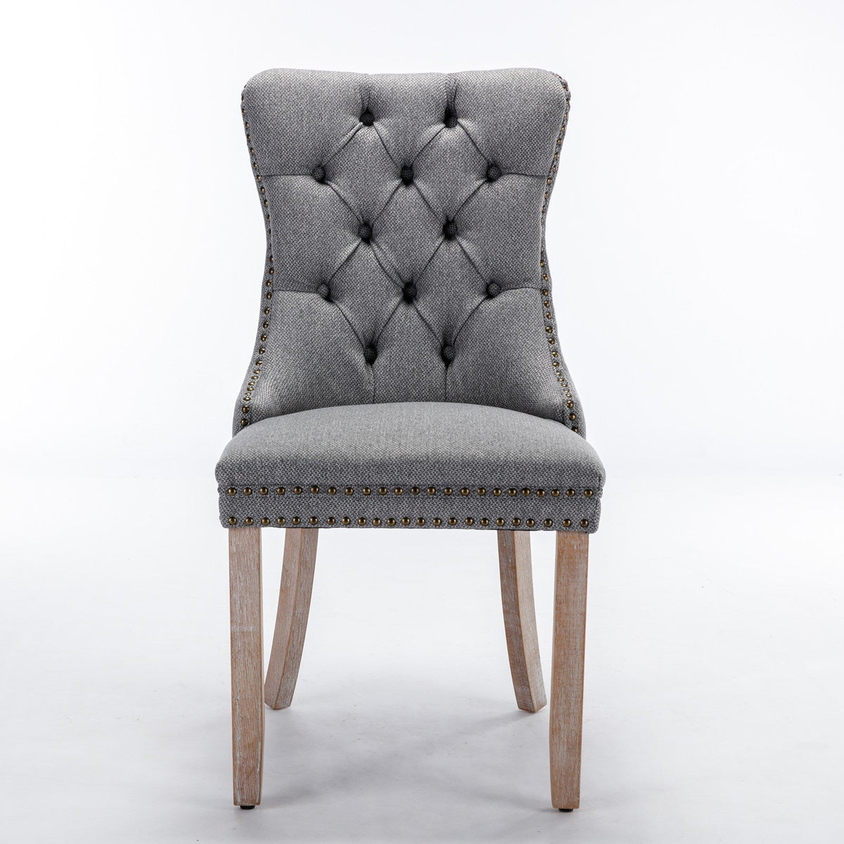 Tufted Grey Linen Dining Chair with Brass Nailhead Trim