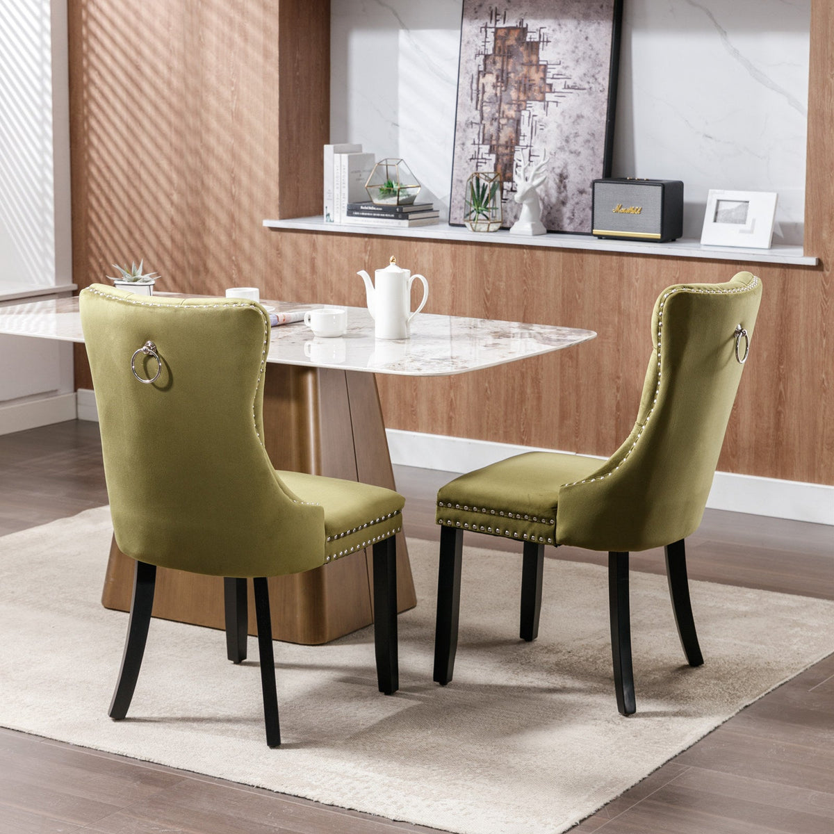 Tufted Olive Velvet Dining Chair with Nailhead Trim