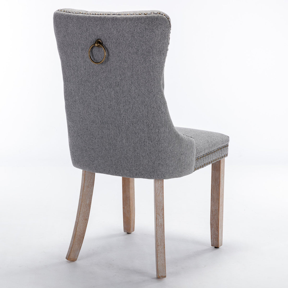 Tufted Grey Linen Dining Chair with Brass Nailhead Trim