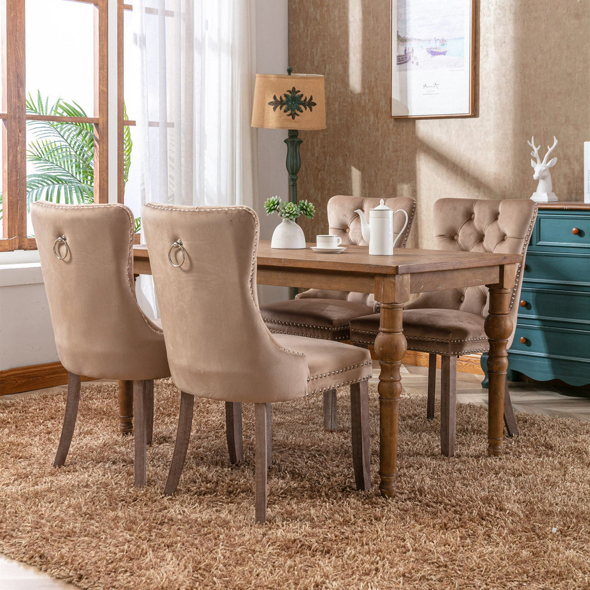 Tufted Velvet Dining Chairs Set of 2 with Wood Legs