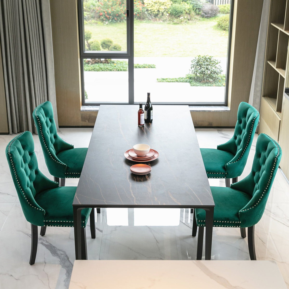 Emerald Green Velvet Dining Chairs with Diamond Tufting