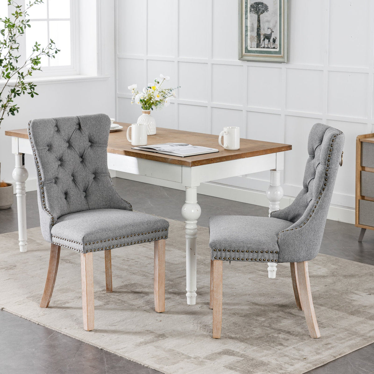 Tufted Grey Linen Dining Chair with Brass Nailhead Trim