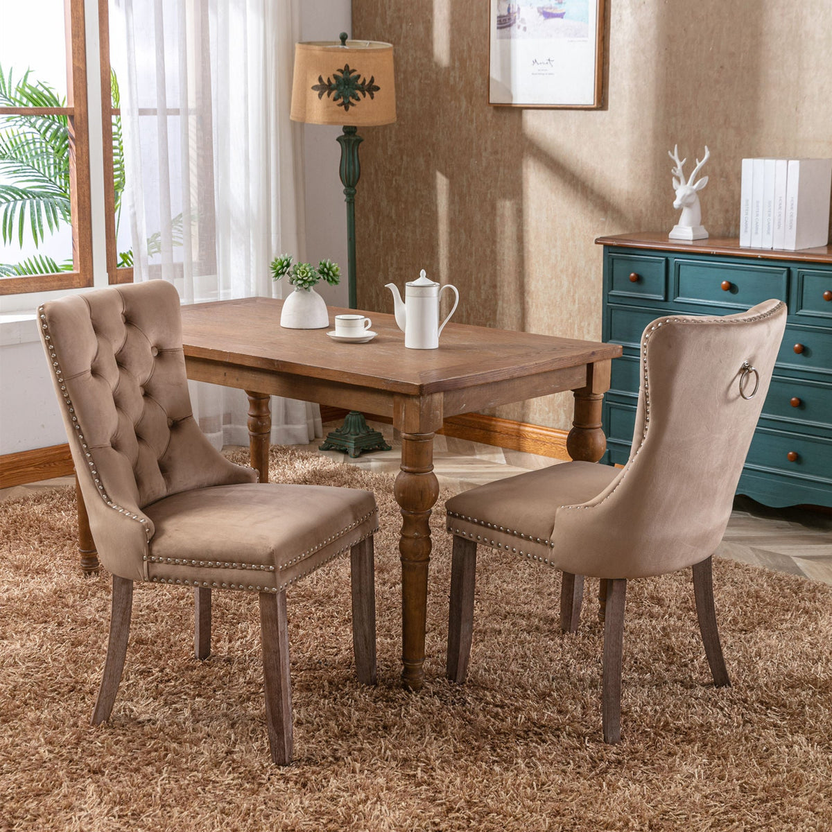 Tufted Velvet Dining Chairs Set of 2 with Wood Legs