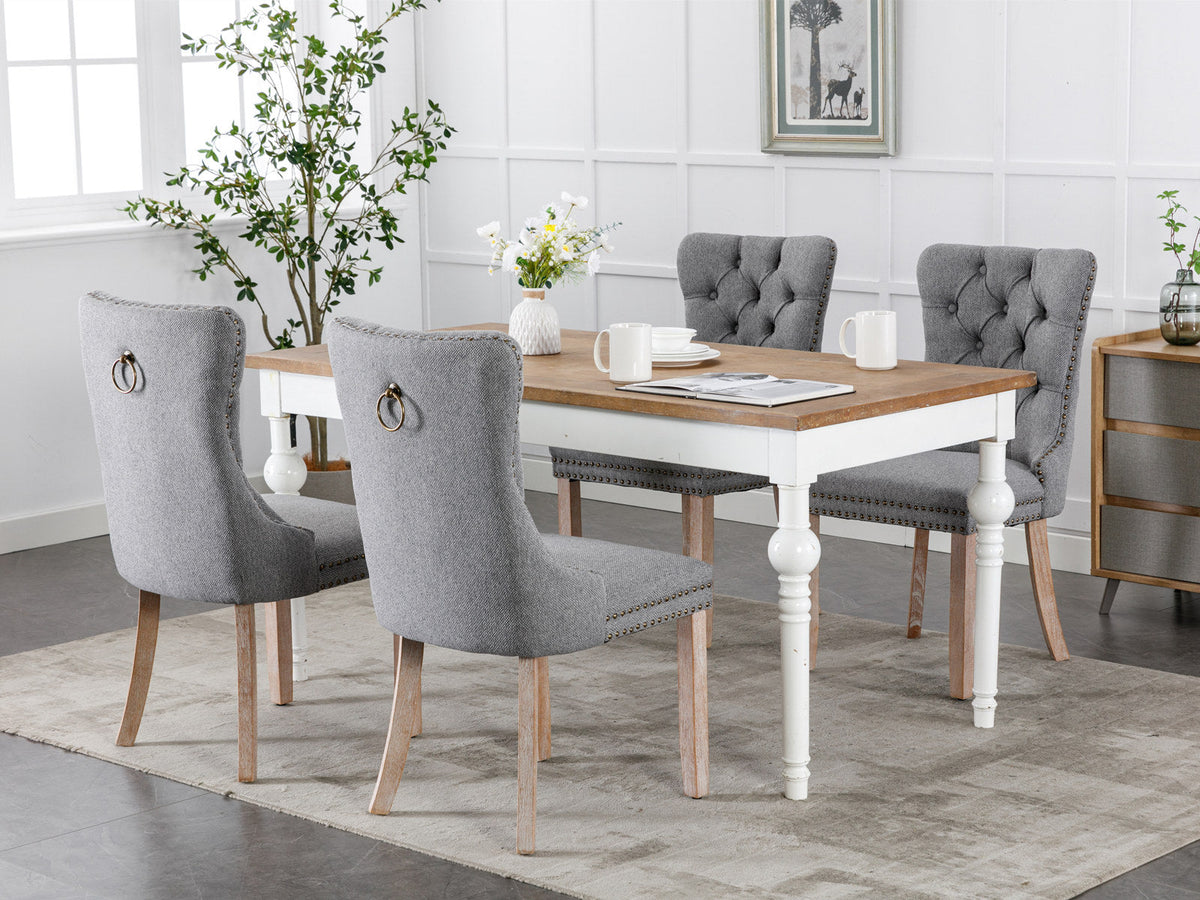 Tufted Grey Linen Dining Chair with Brass Nailhead Trim