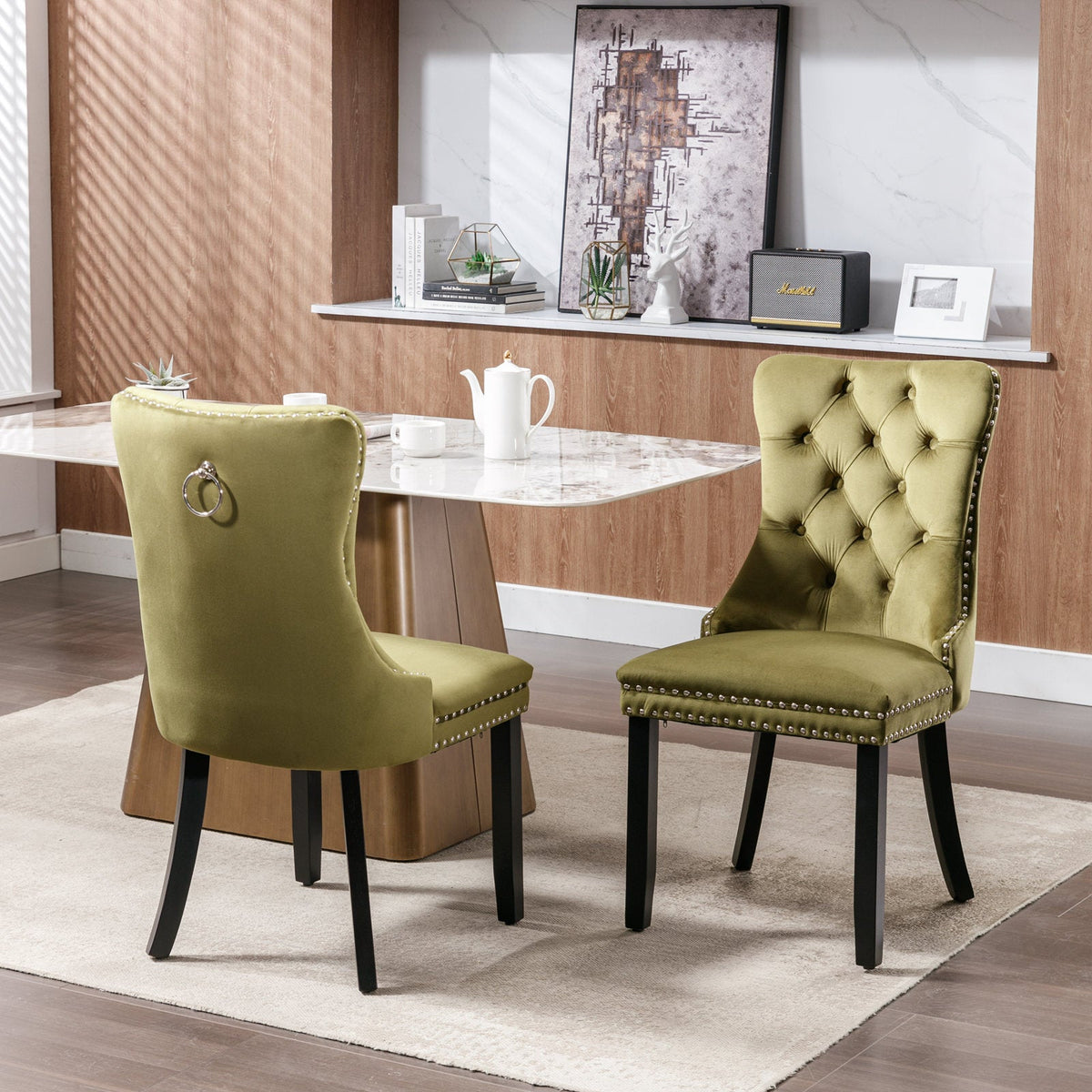 Tufted Olive Velvet Dining Chair with Nailhead Trim
