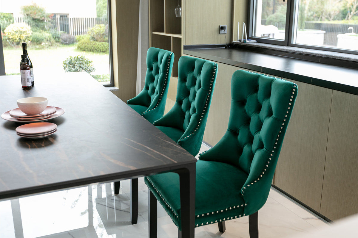 Emerald Green Velvet Dining Chairs with Diamond Tufting