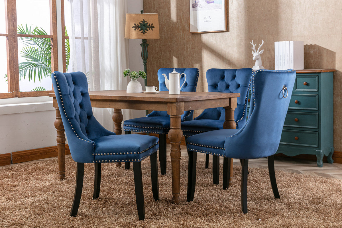 Navy Tufted Velvet Dining Chair with Solid Wood Legs