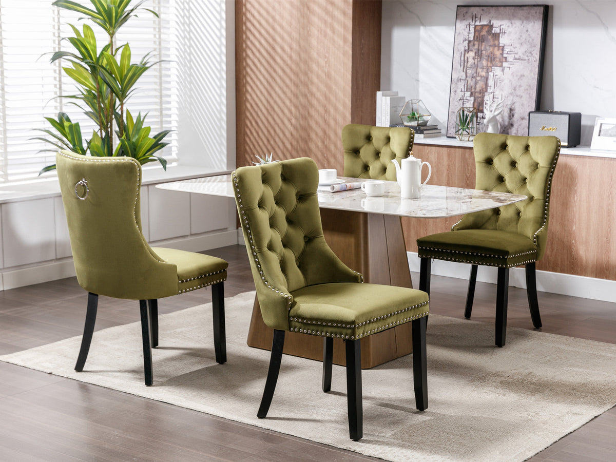 Tufted Olive Velvet Dining Chair with Nailhead Trim