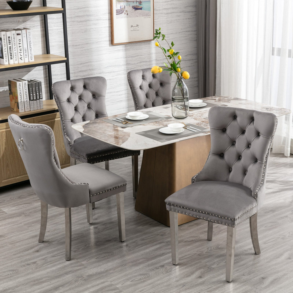Tufted Gray Velvet Dining Chair Set with Chrome Legs