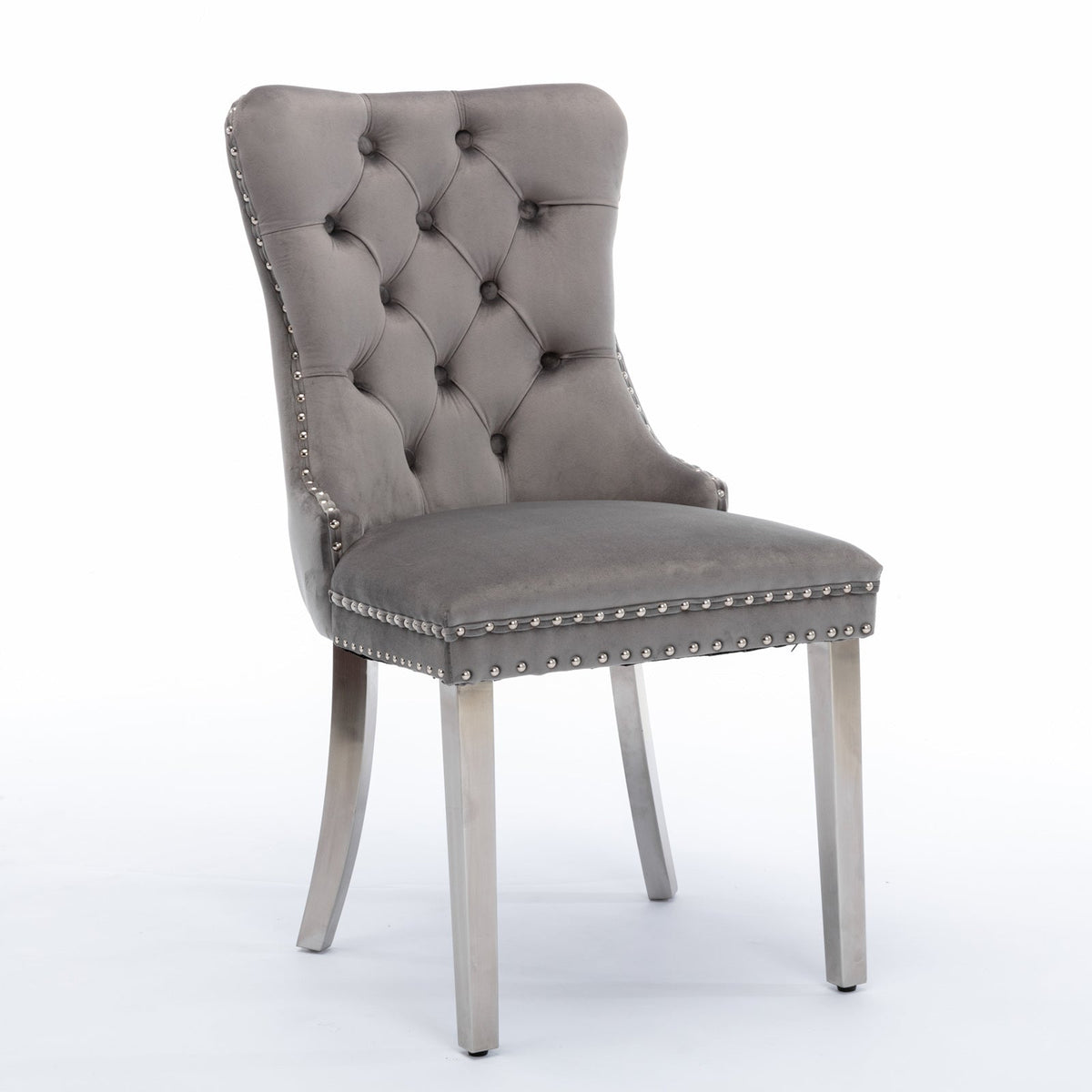 Tufted Gray Velvet Dining Chair Set with Chrome Legs