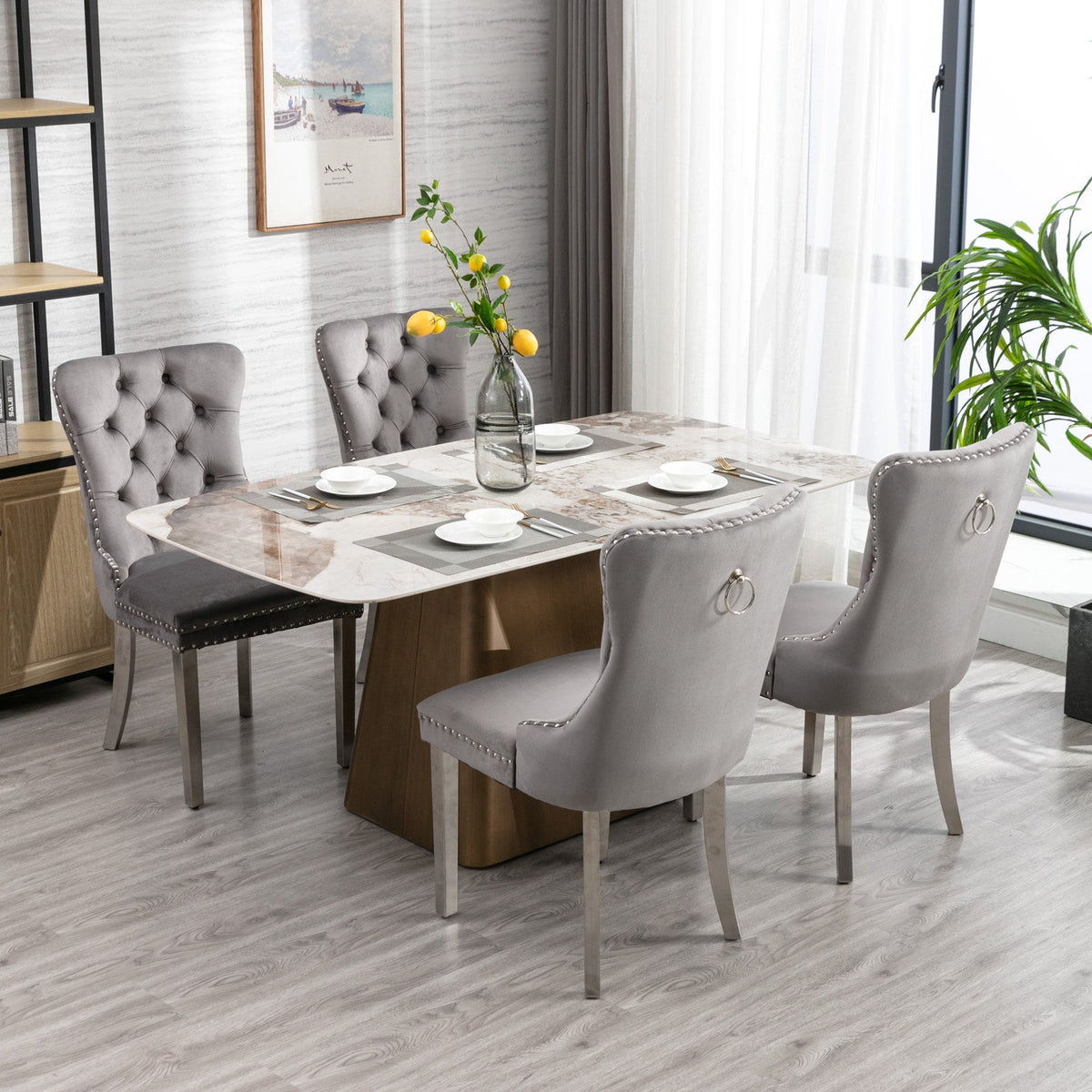 Tufted Gray Velvet Dining Chair Set with Chrome Legs