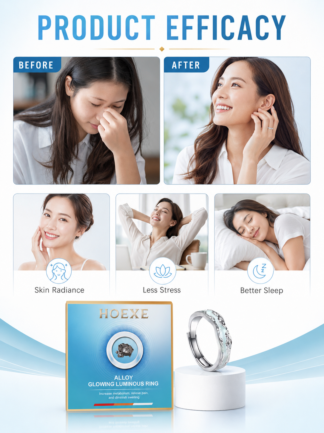 HOEXE Luminous Silver Wellness Ring | Pain Relief & Glow