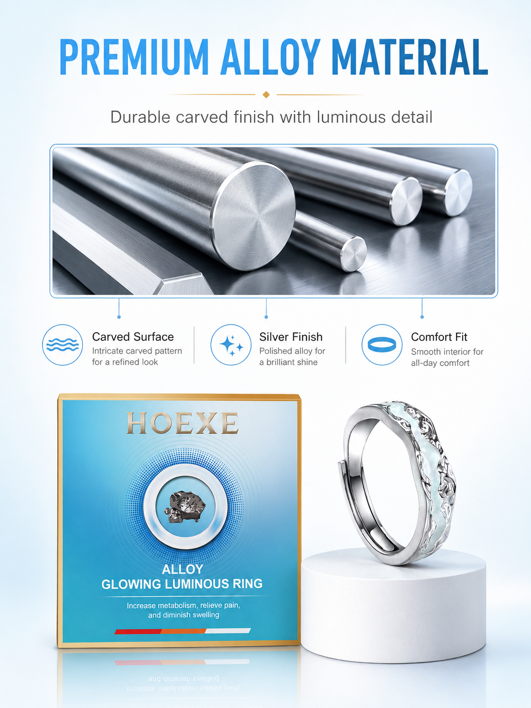 HOEXE Luminous Silver Wellness Ring | Pain Relief & Glow