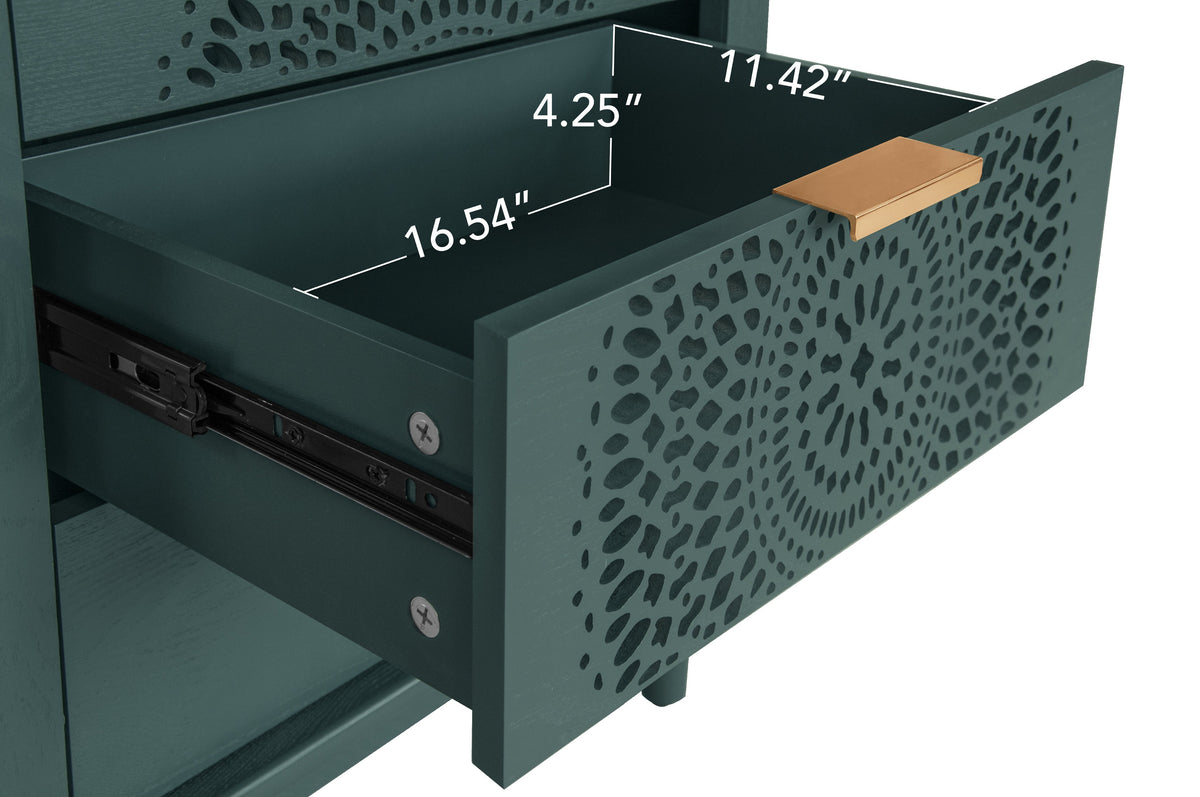 Boho Hollow-Carved 3 Drawer Dresser Chest in Deep Teal