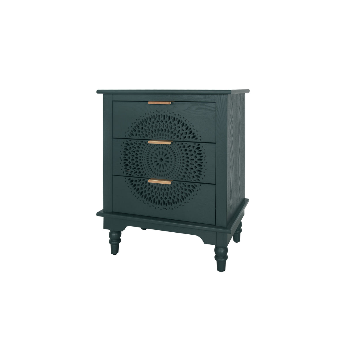 Boho Hollow-Carved 3 Drawer Dresser Chest in Deep Teal