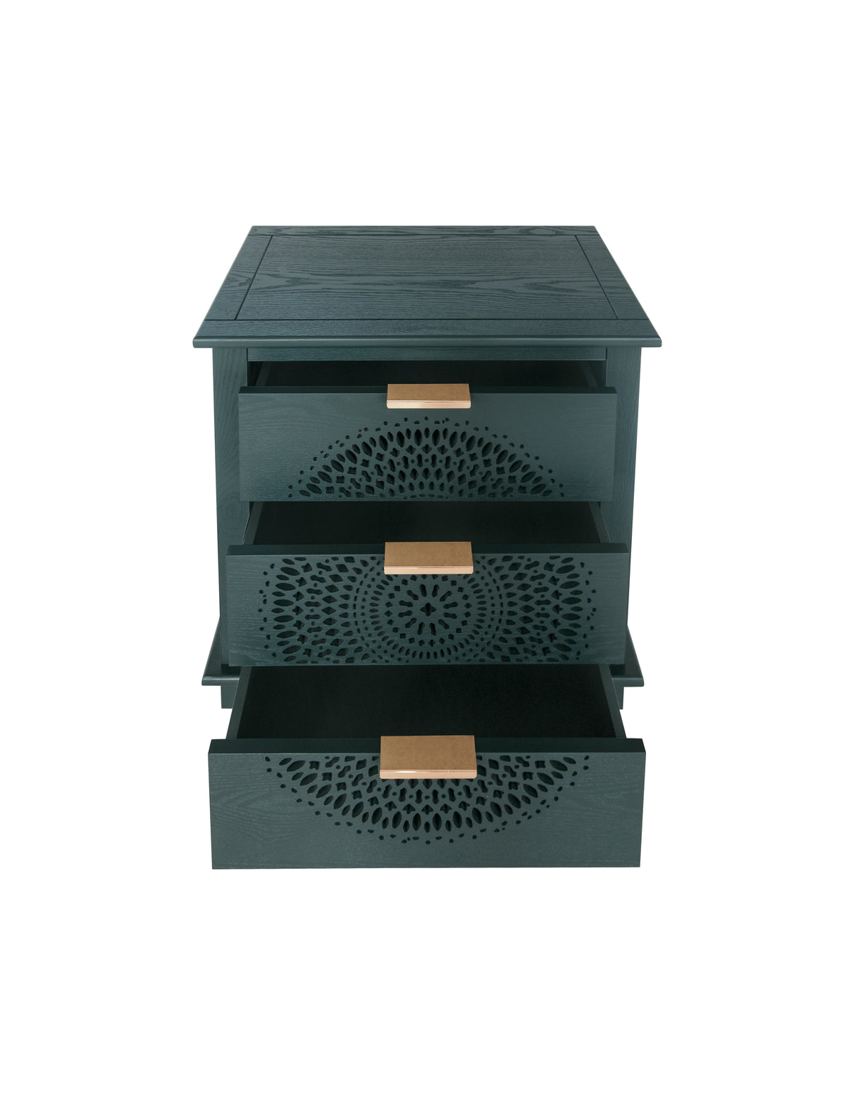 Boho Hollow-Carved 3 Drawer Dresser Chest in Deep Teal