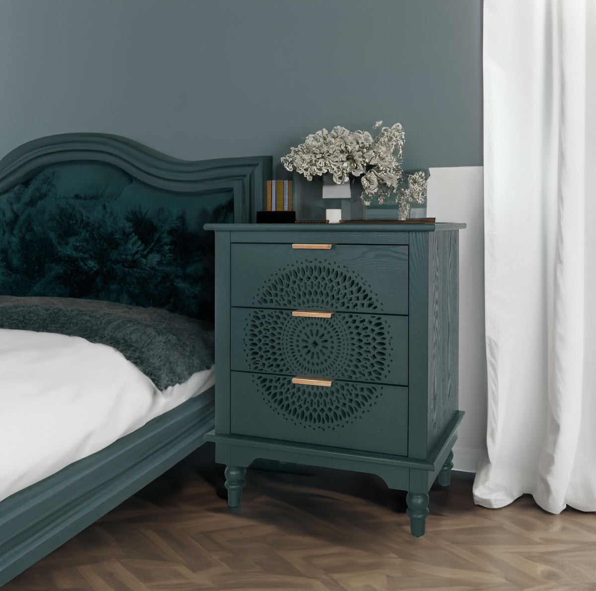 Boho Hollow-Carved 3 Drawer Dresser Chest in Deep Teal