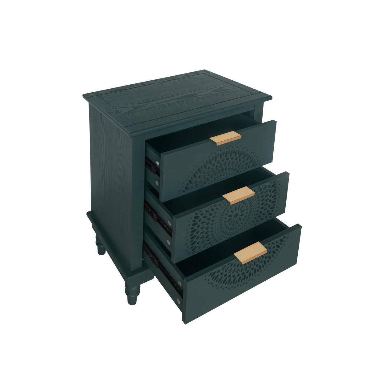 Boho Hollow-Carved 3 Drawer Dresser Chest in Deep Teal