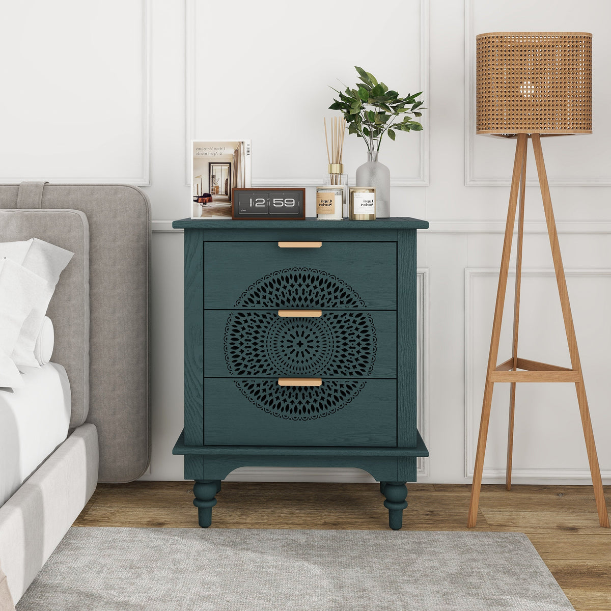Boho Hollow-Carved 3 Drawer Dresser Chest in Deep Teal