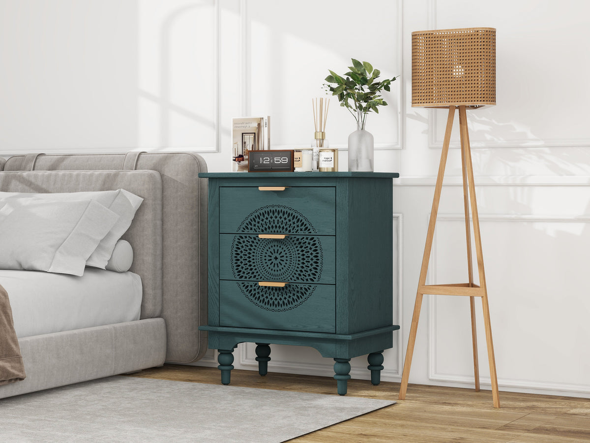 Boho Hollow-Carved 3 Drawer Dresser Chest in Deep Teal