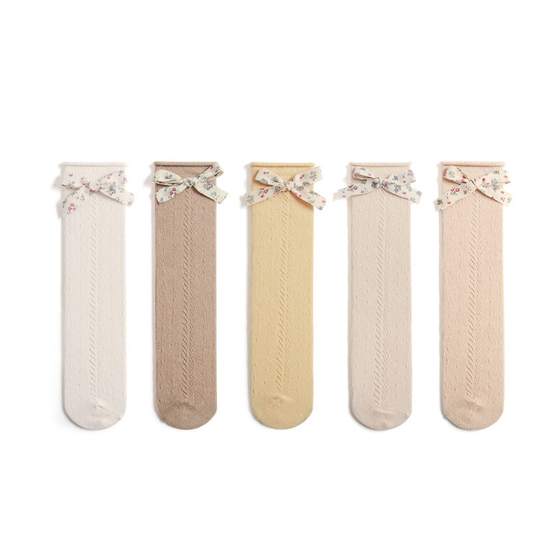 Girls' Cotton Knee-High Socks With Charming Floral Bows