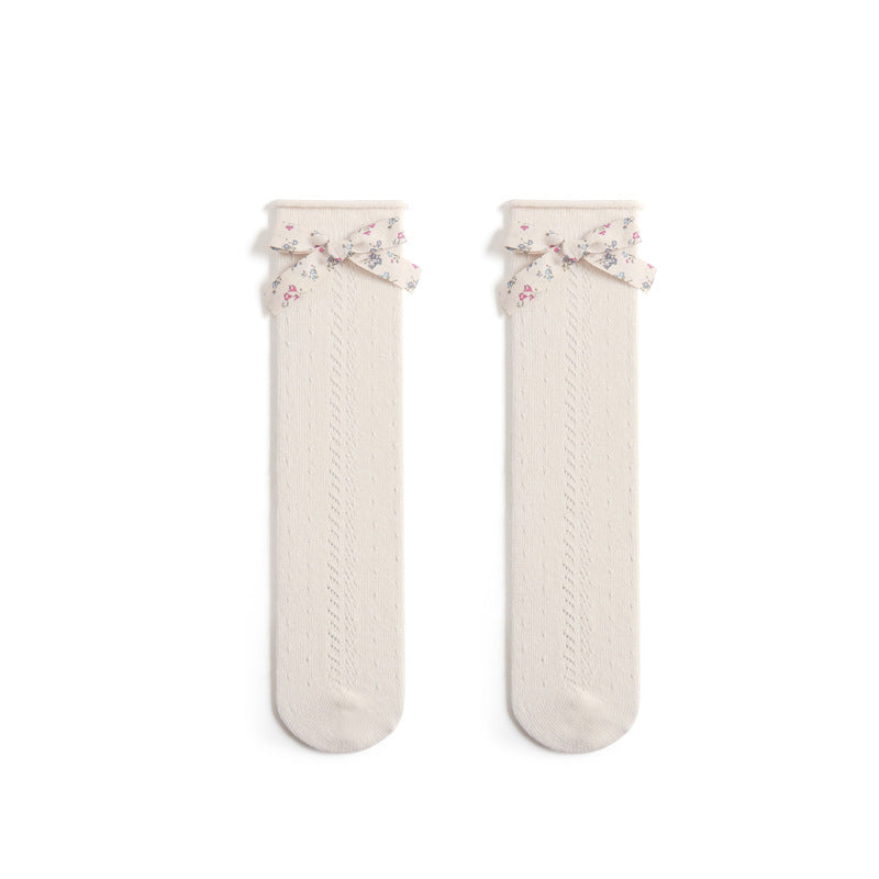 Girls' Cotton Knee-High Socks With Charming Floral Bows