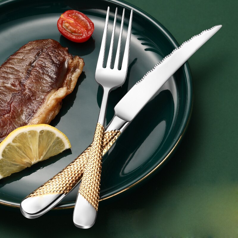 Gold Stainless Steel Cutlery Set with Serrated Steak Knives