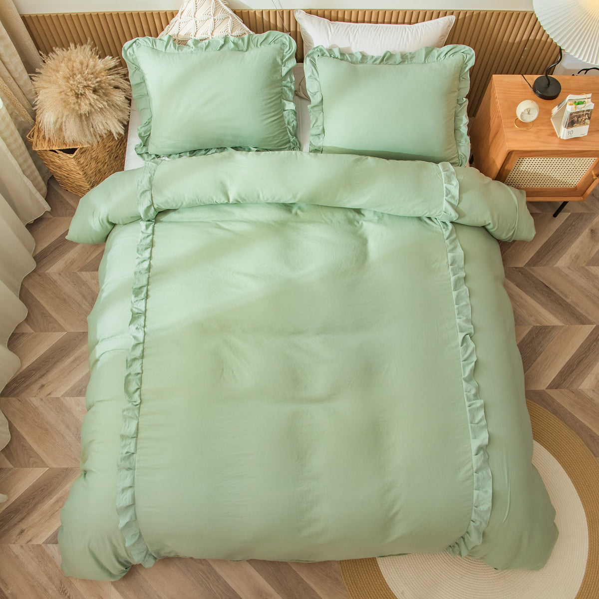 Ruffled Quilt Cover Set for a Soft Sage Bedroom Look