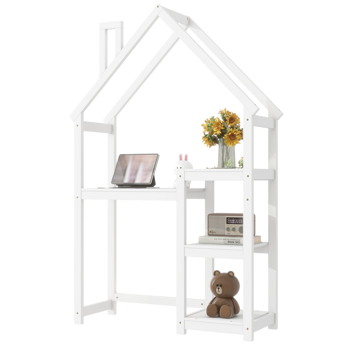Kids House-Shaped Wooden Desk with Bookshelf Storage