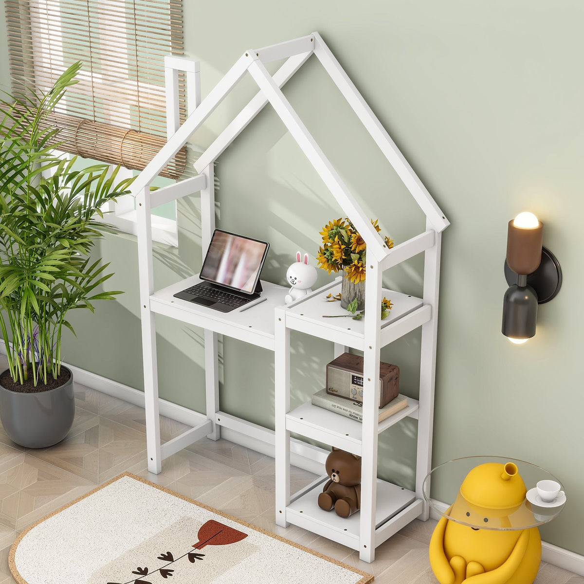 Kids House-Shaped Wooden Desk with Bookshelf Storage