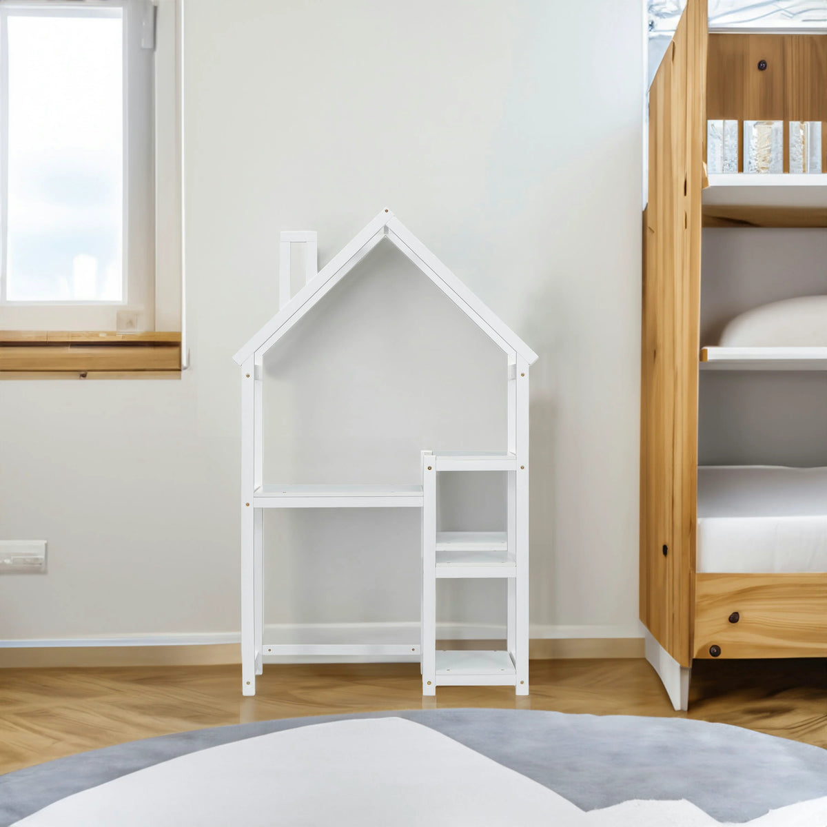 Kids House-Shaped Wooden Desk with Bookshelf Storage