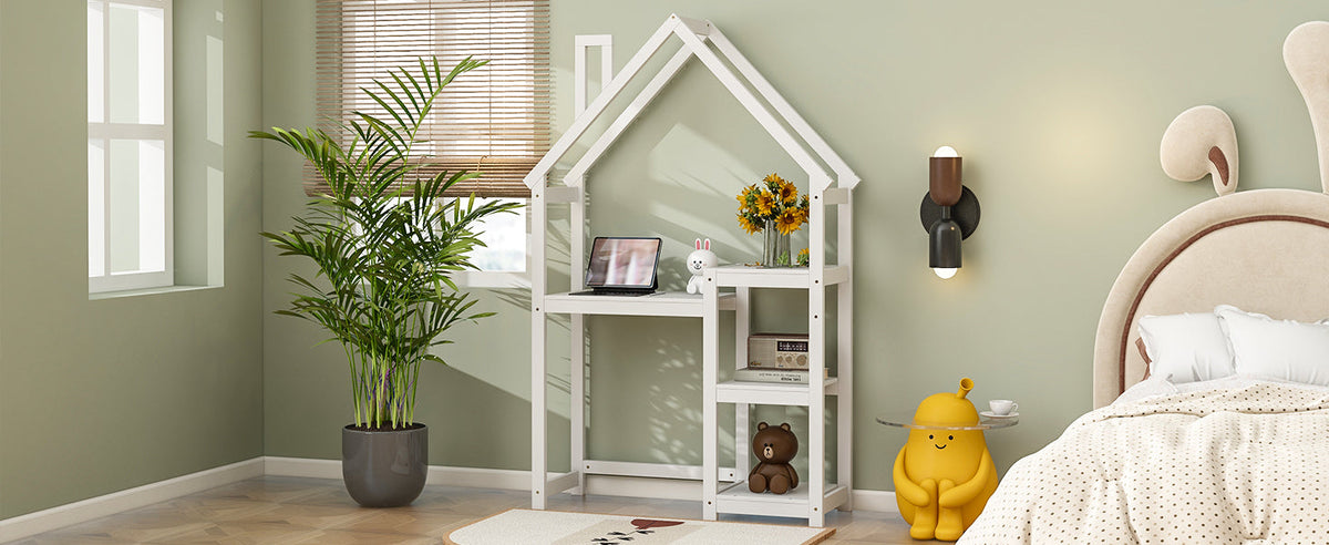 Kids House-Shaped Wooden Desk with Bookshelf Storage