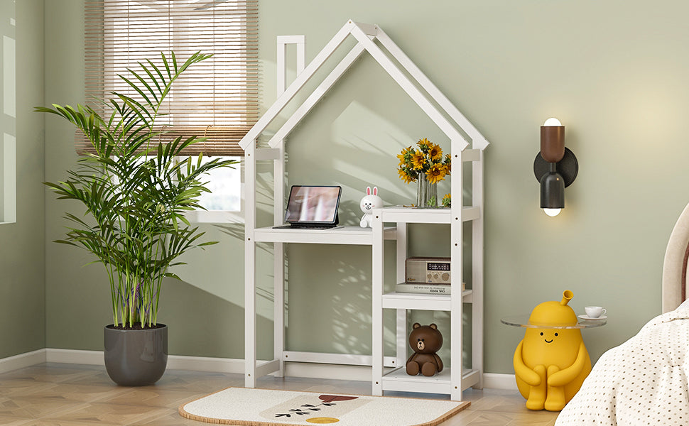 Kids House-Shaped Wooden Desk with Bookshelf Storage